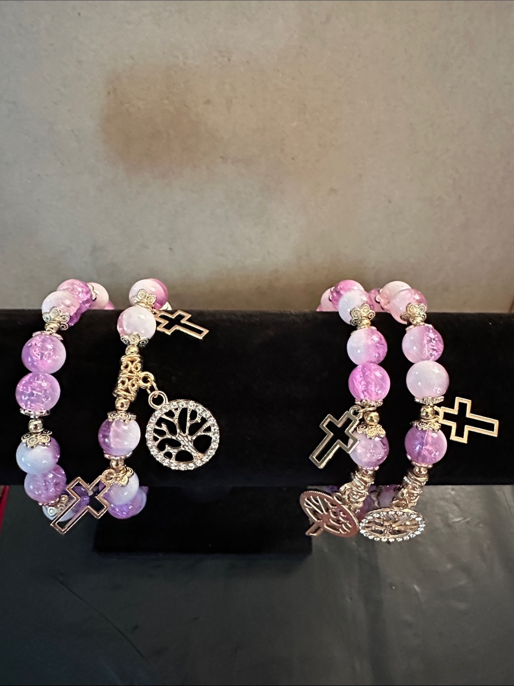 Pink Glass Bead Bracelet with Cross & Tree Charms